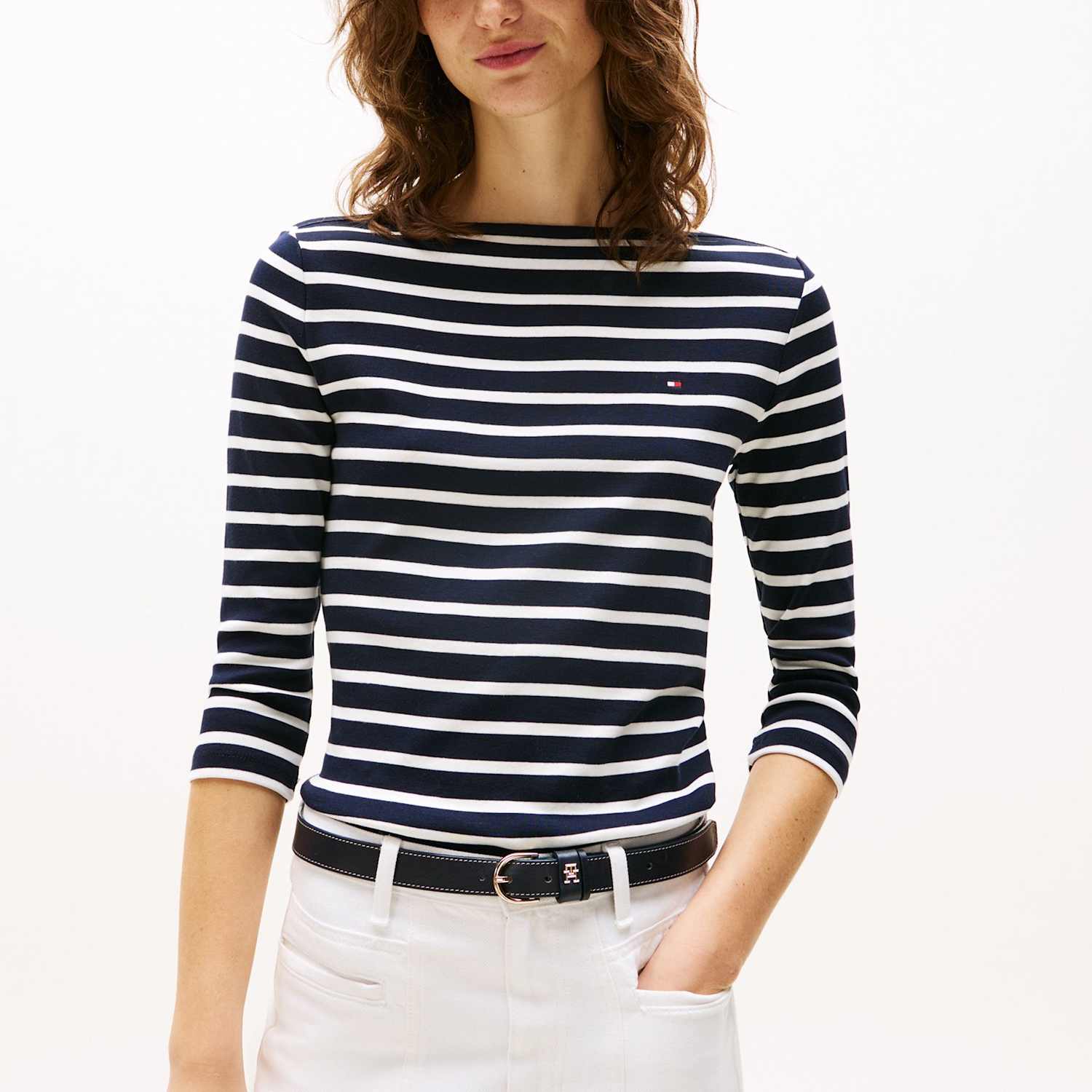 Tommy Hilfiger Women's Cody Pure Cotton Striped Slash Neck Top - Extra Small - Navy Mix - Available at M&S