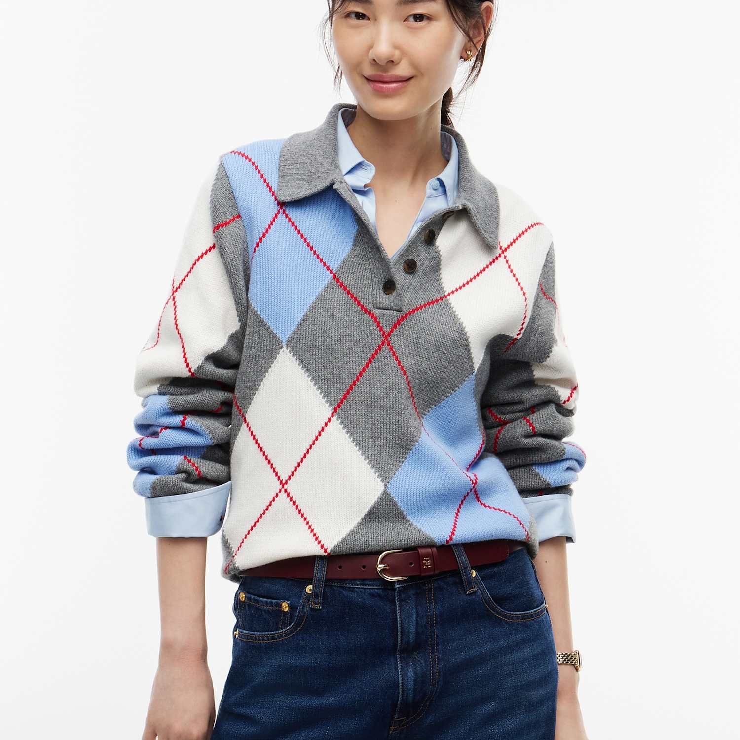 Tommy Hilfiger Women's Cotton Blend Argyle Polo Jumper - Medium - Grey Mix - Available at M&S