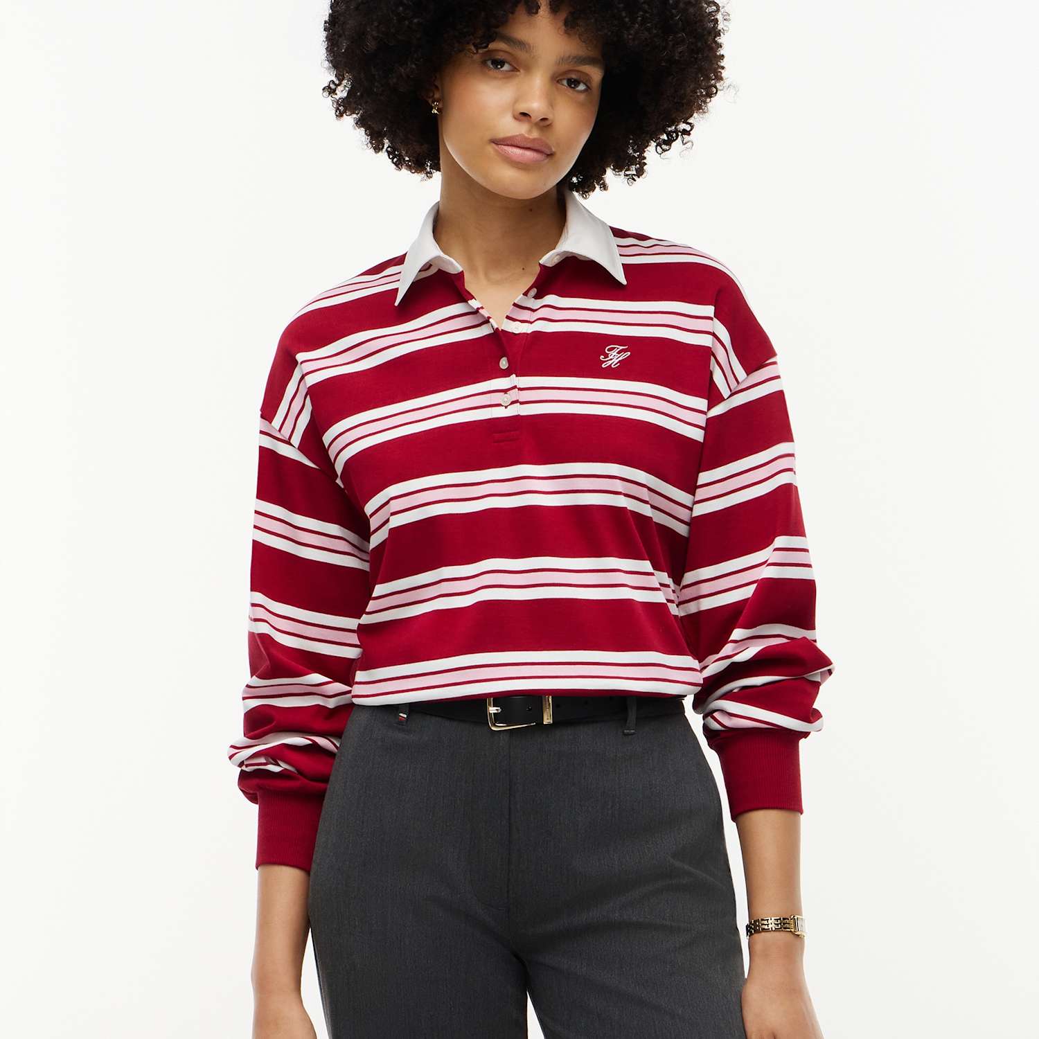 Tommy Hilfiger Women's Pure Cotton Striped Rugby Shirt - Large - Red Mix - Available at M&S