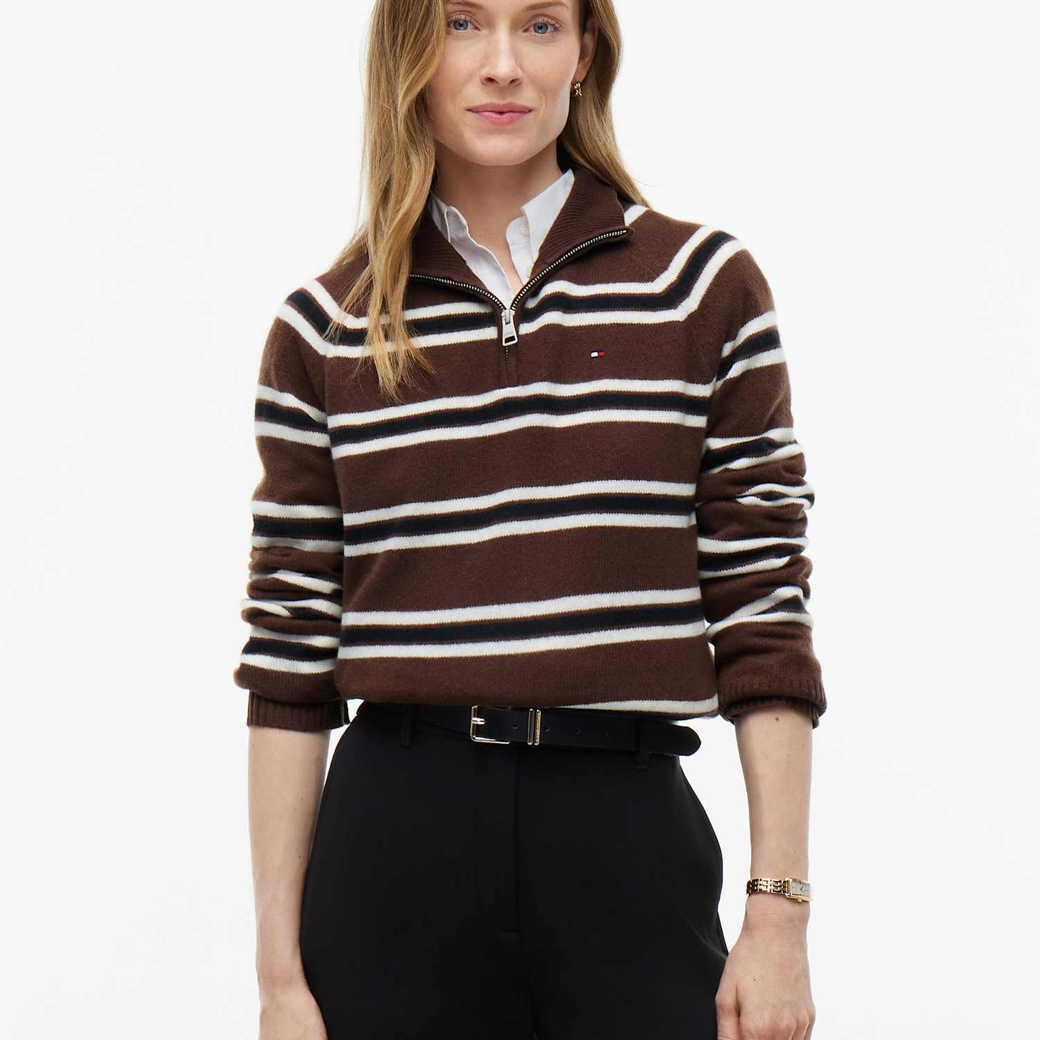 Tommy Hilfiger Women's Pure Wool Striped Half Zip Jumper - Medium - Brown Mix - Available at M&S