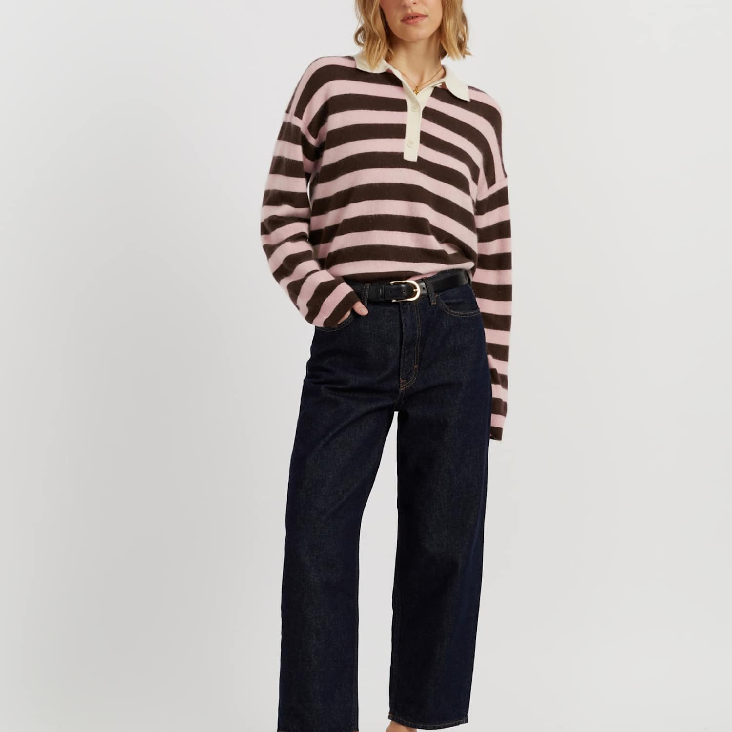 Chinti & Parker Women's Brushed Pure Merino Wool Striped Collared Sweatshirt - Large - Pink Mix - Available at M&S