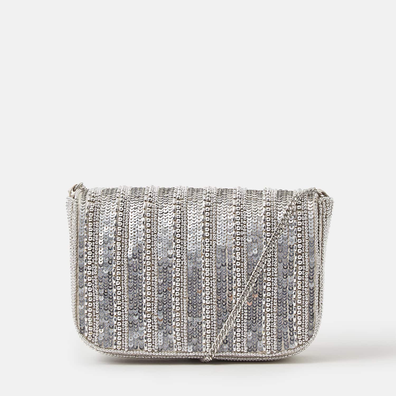 Accessorize Women's Striped Beaded Flap Cross Body Clutch Bag - Silver - Available at M&S