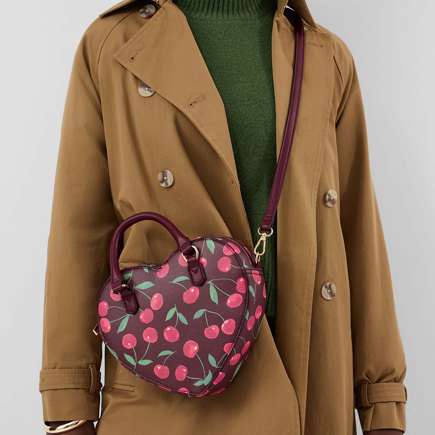 Accessorize Women's Cherry Print Heart Crossbody Bag - Burgundy - Available at M&S