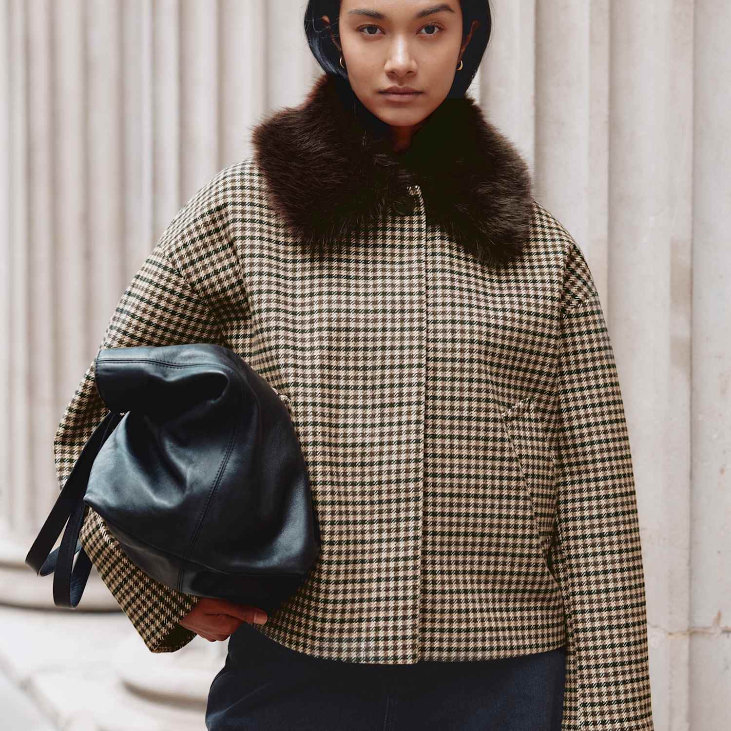 Albaray Women's Wool Blend Checked Faux Fur Collar Jacket - 8 - Brown Mix - Available at M&S