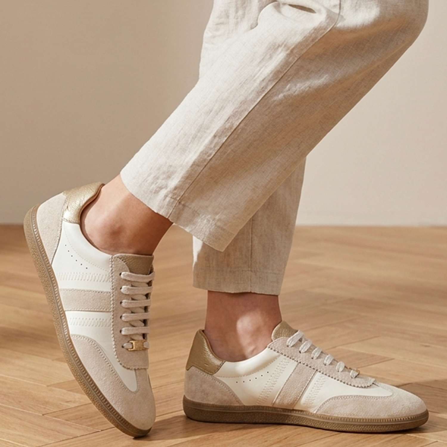 Jones Bootmaker Women's Leather Lace Up Trainers - 7 - Beige Mix - Available at M&S