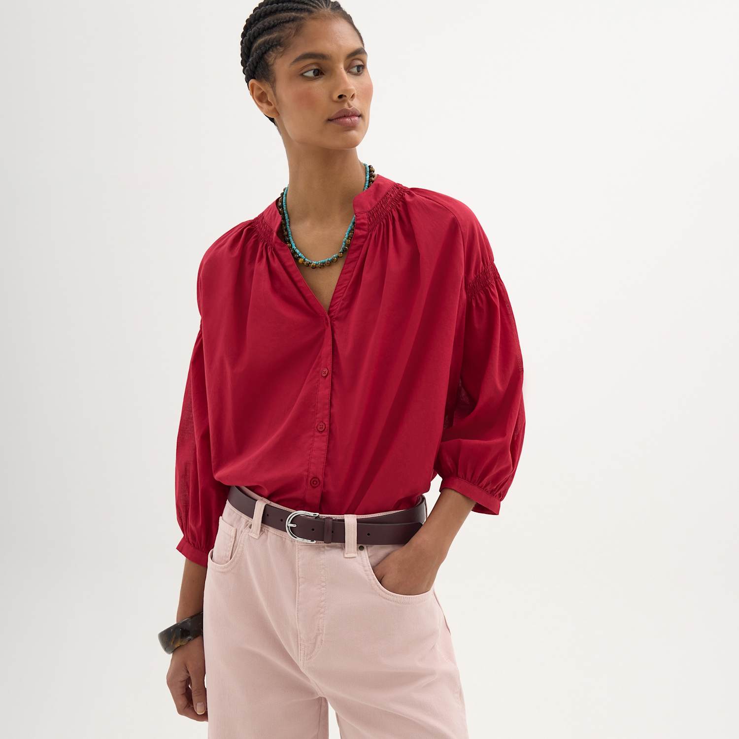 Hush Women's Pure Cotton V-Neck Gathered Sleeve Blouse - Extra Small - Available at M&S