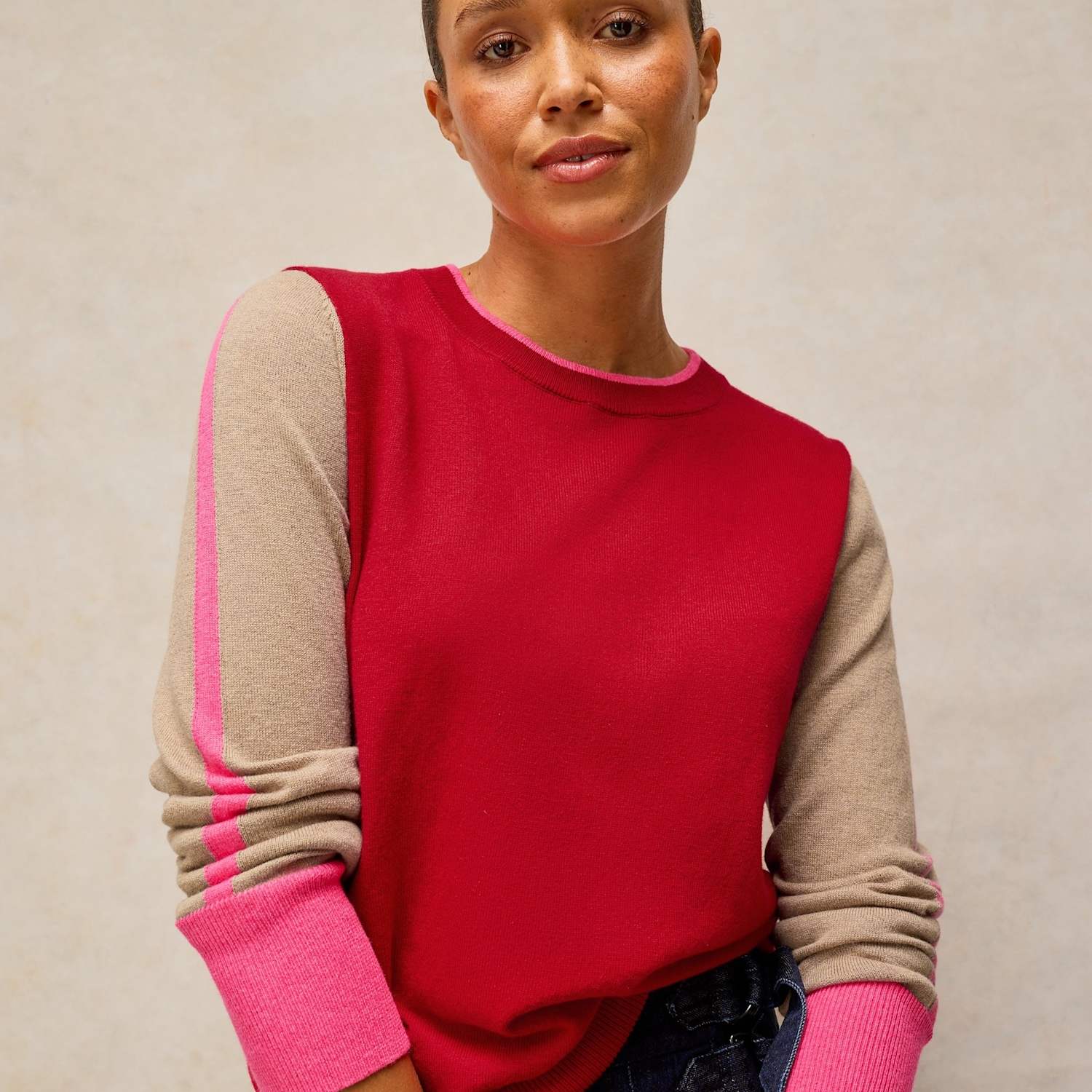 White Stuff Women's Cotton Rich Colour Block Jumper with Wool - 12 - Red Mix - Available at M&S