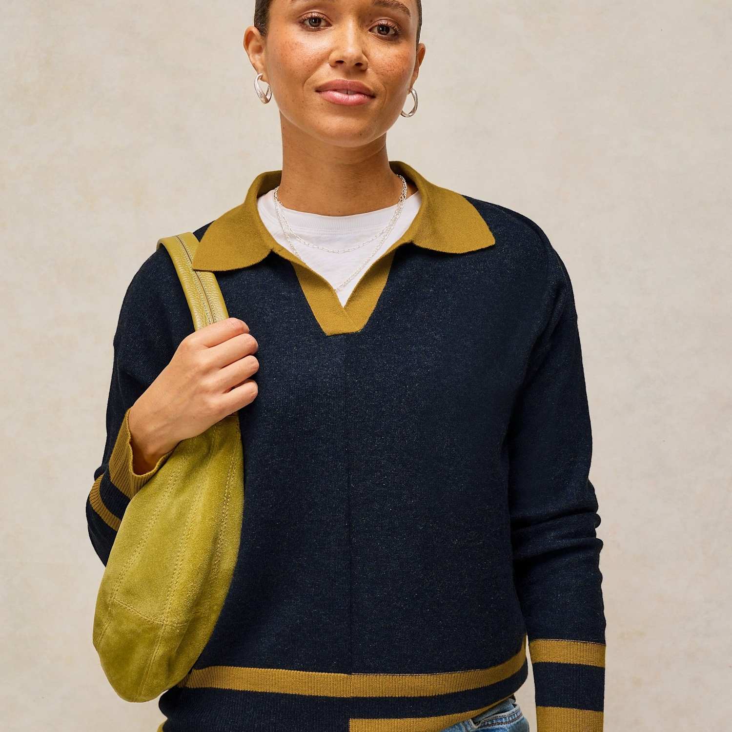 White Stuff Women's Cotton with Merino Wool Collared Jumper - 20 - Navy Mix - Available at M&S