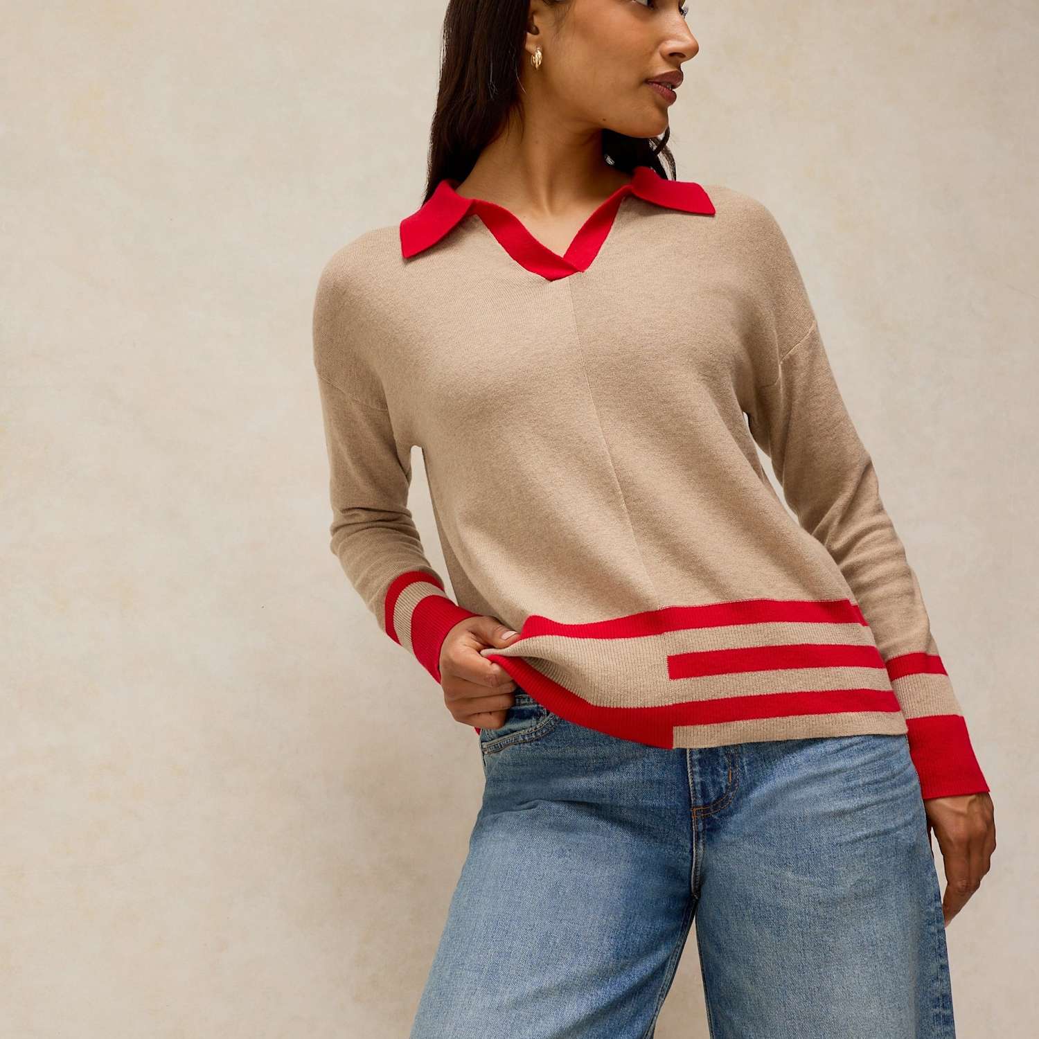 White Stuff Women's Cotton with Merino Wool Collared Jumper - 10 - Natural Mix - Available at M&S