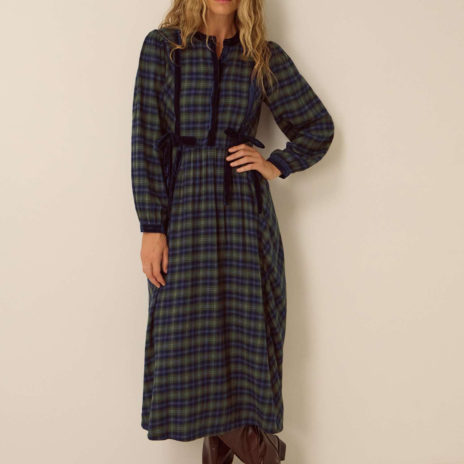 Monsoon Women's Cotton Blend Checked Midi Dress - Large - Navy Mix - Available at M&S