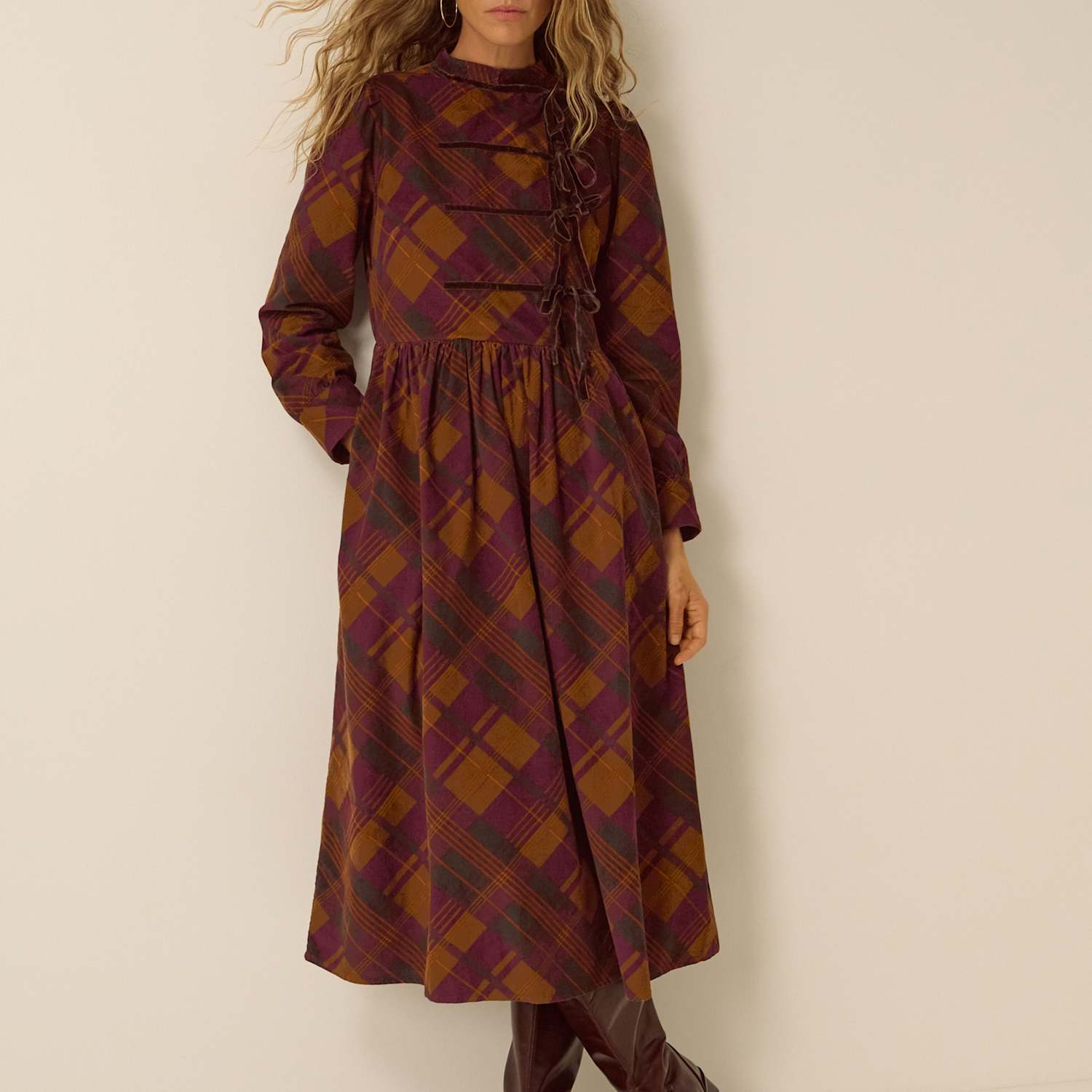 Monsoon Women's Cord High Neck Tie Front Midi Dress - 20 - Brown Mix - Available at M&S