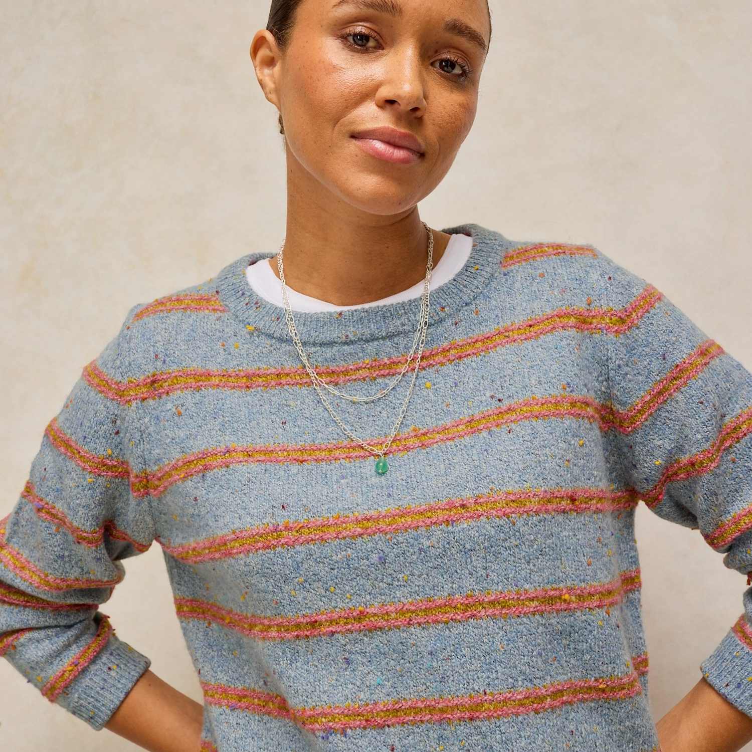 White Stuff Women's Stripe Nep Yarn Crew Neck Jumper - 10 - Blue Mix - Available at M&S