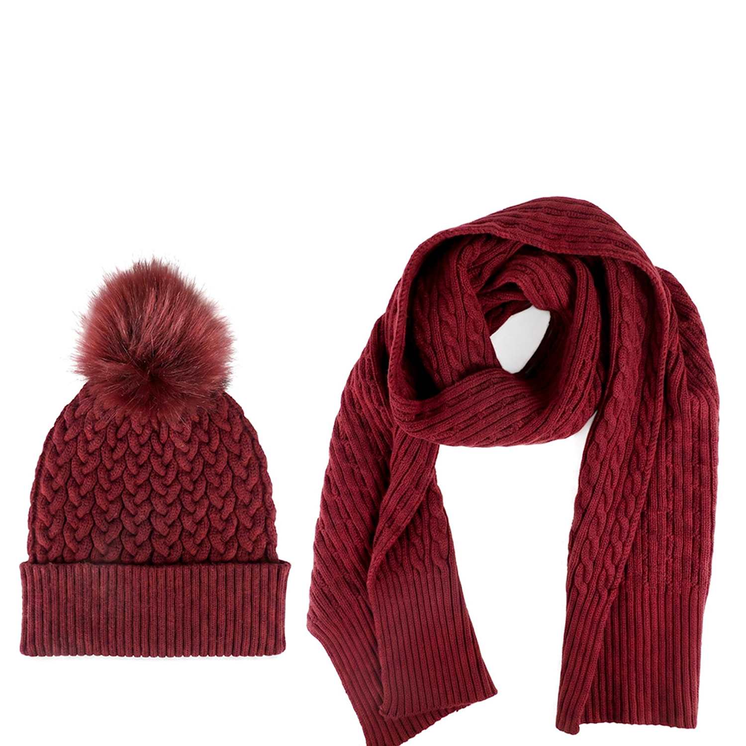 Jones Bootmaker Women's Knitted Pom Hat And Scarf Set - Burgundy - Available at M&S