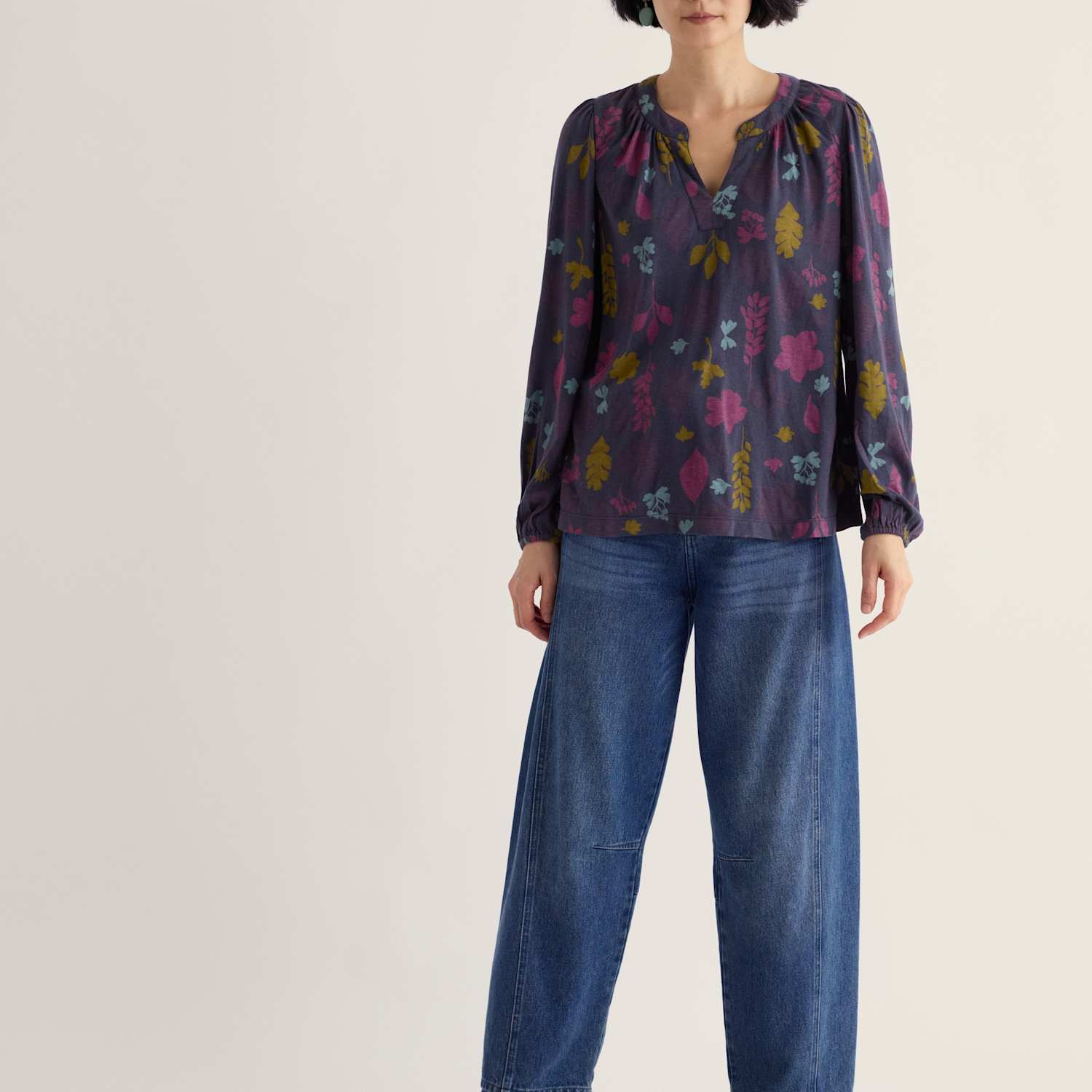 Seasalt Cornwall Women's Cotton Rich Printed Notch Neck Blouson Sleeve Blouse with Modal - 14 - Purple Mix - Available at M&S