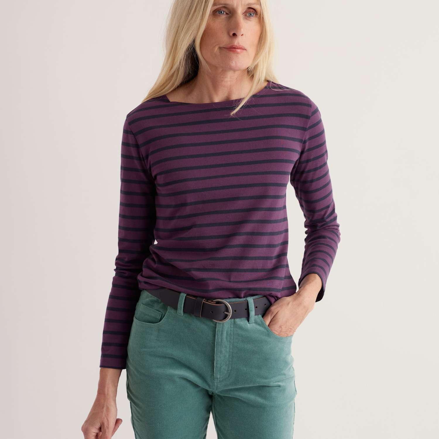 Seasalt Cornwall Women's Pure Cotton Striped Collarless Long Sleeve Regular Fit Shirt - 16 - Purple Mix - Available at M&S