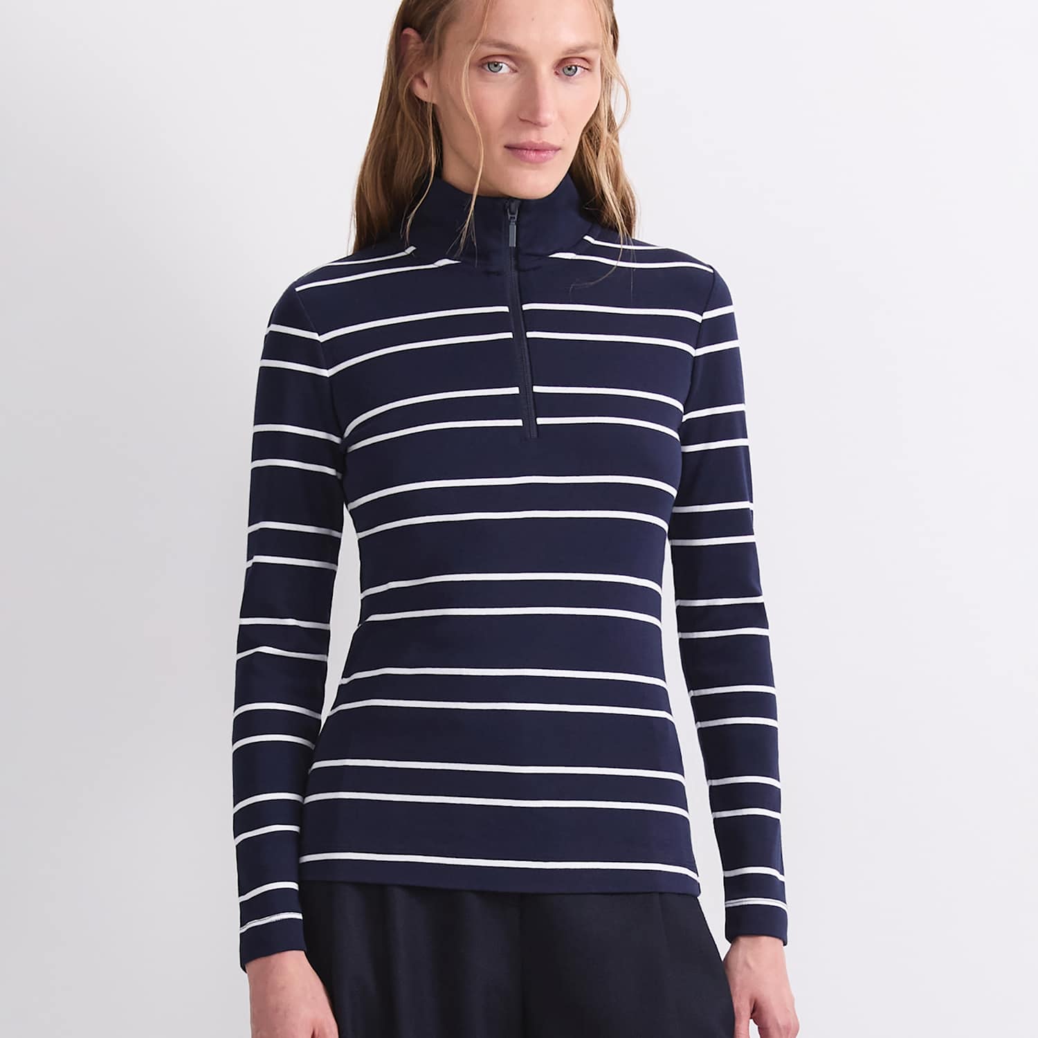Sportscraft Women's Pure Cotton Striped Funnel Neck Half Zip Top - Extra Small - Navy Mix - Available at M&S