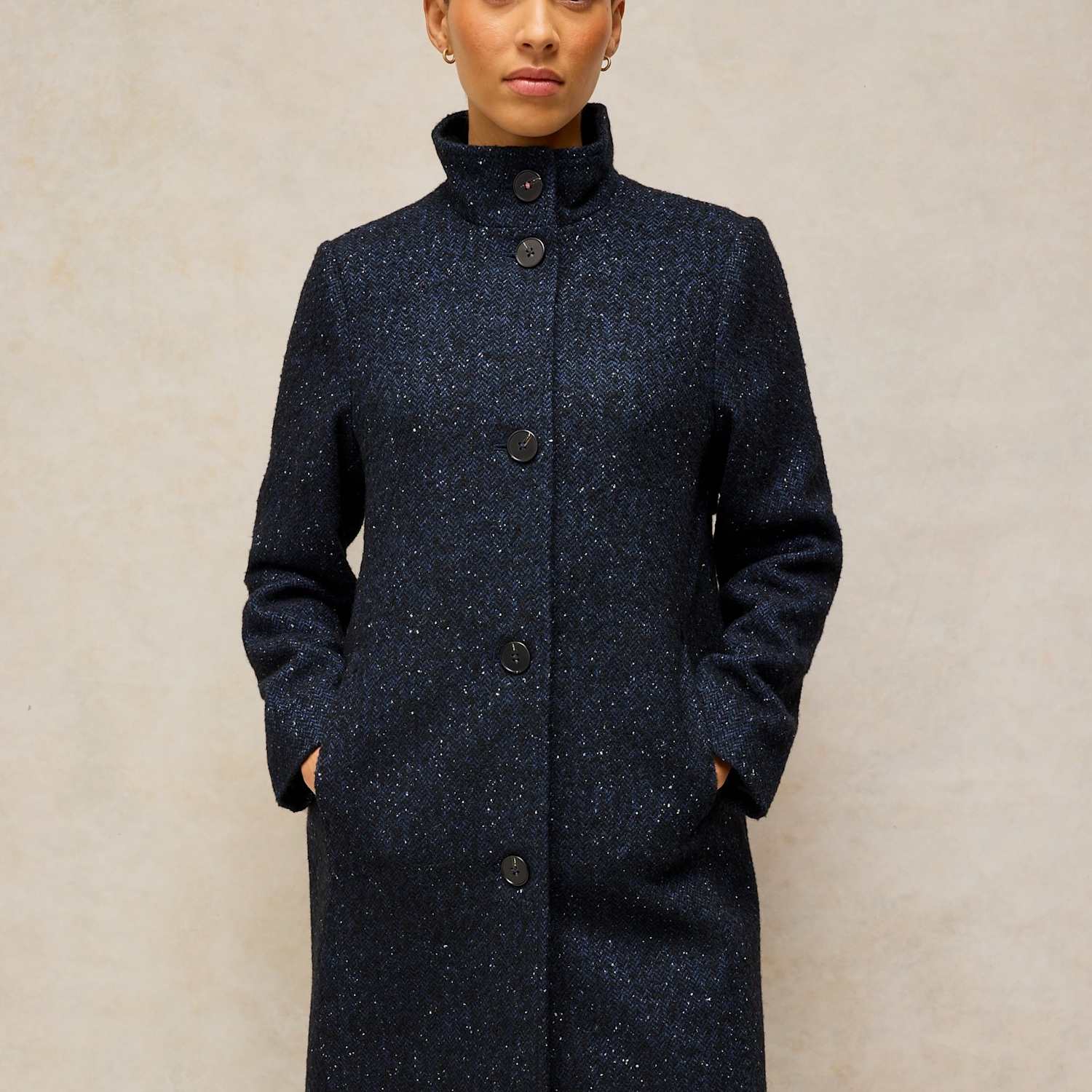 White Stuff Women's Kaia Tweed Funnel Neck Overcoat with Wool - 14 - Navy Mix - Available at M&S