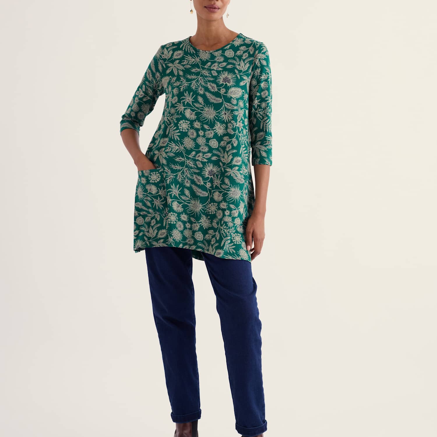 Seasalt Cornwall Women's Printed Round Neck 3 Quarter Sleeve Relaxed Fit Tunic - 12 - Green Mix - Available at M&S