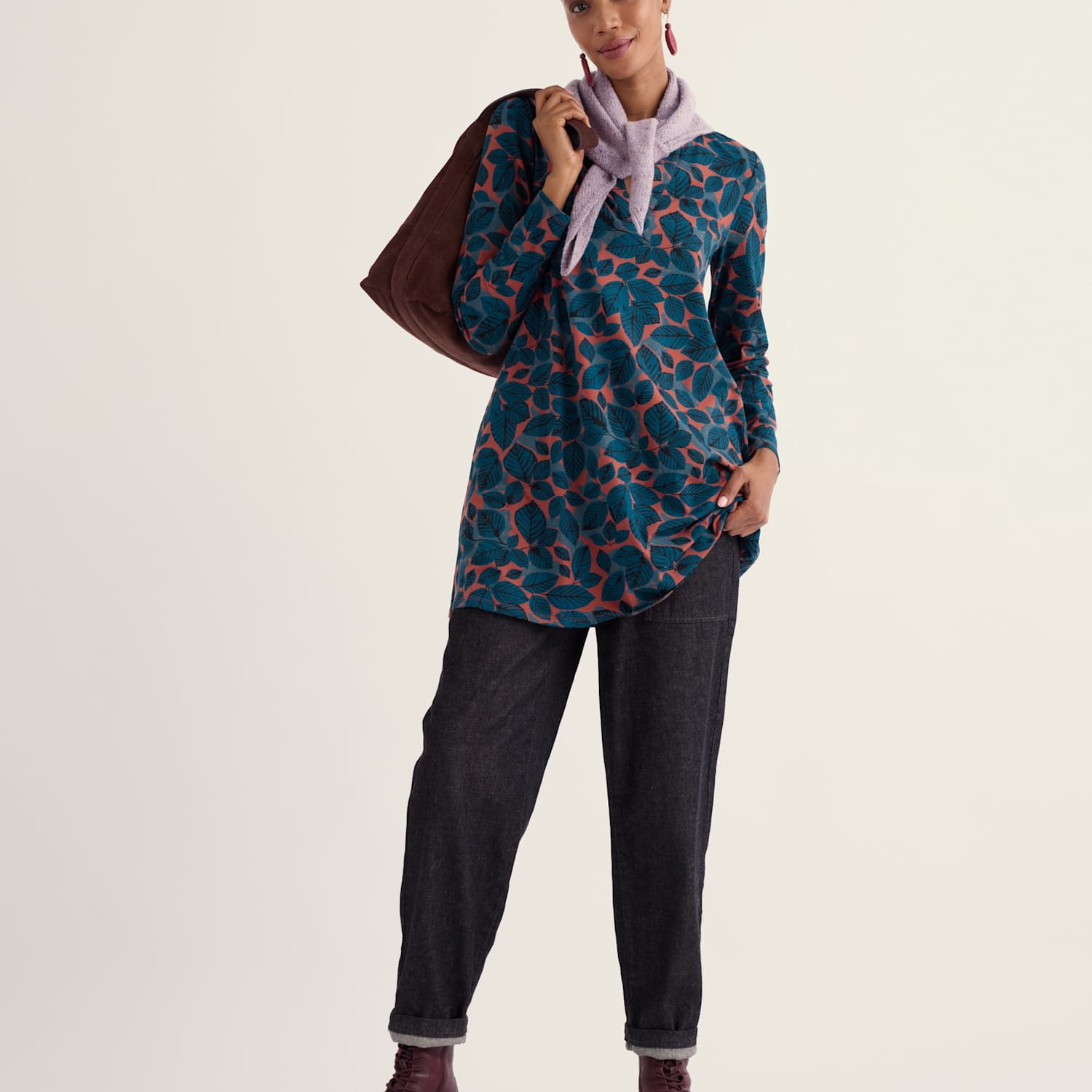 Seasalt Cornwall Women's Printed Notch Neck Long Sleeve Relaxed Fit Tunic - 14 - Orange Mix - Available at M&S