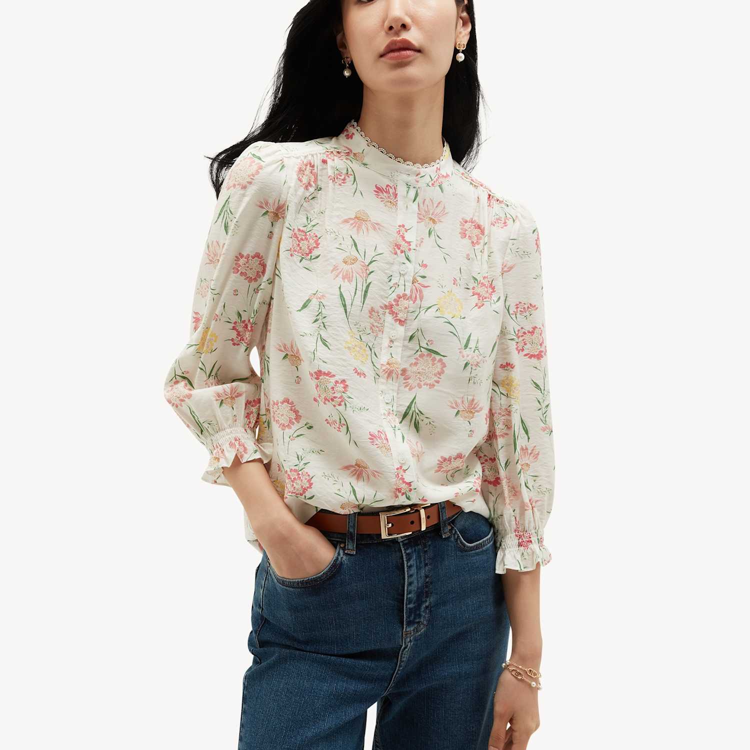 Hobbs Women's Floral Round Neck Lace Trim 3/4 Sleeve Blouse - 10 - White Mix - Available at M&S