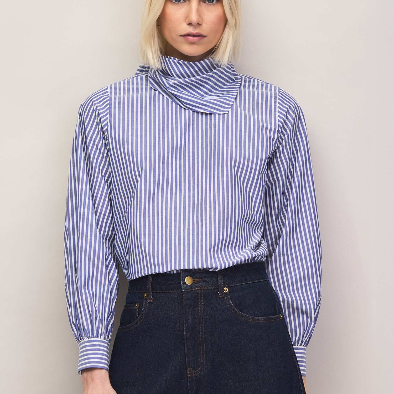 Ro&Zo Women's Pure Cotton Striped Scarf Neck Blouse - 8 - Light Blue Mix - Available at M&S