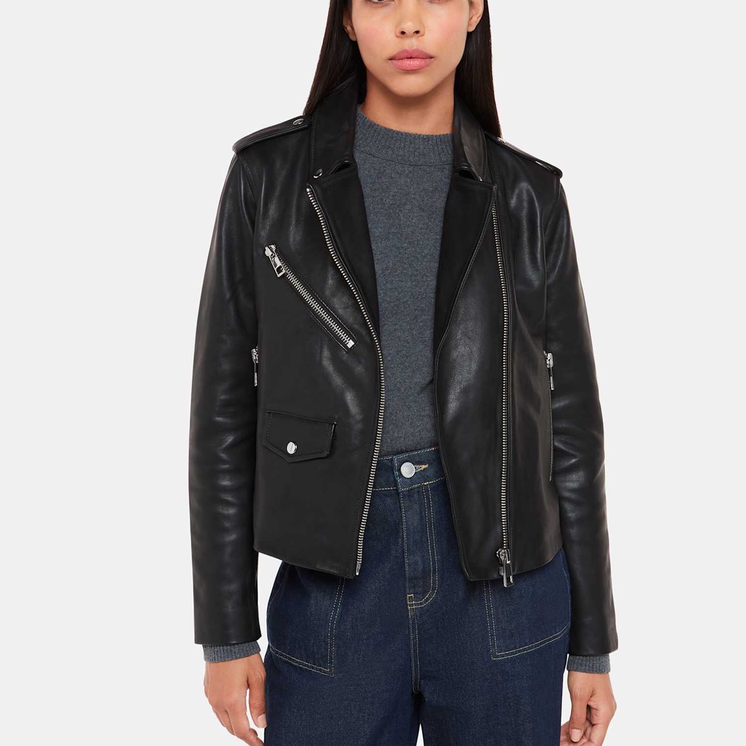 Whistles Women's Agnes Leather Cropped Biker Jacket - 12 - Black - Available at M&S