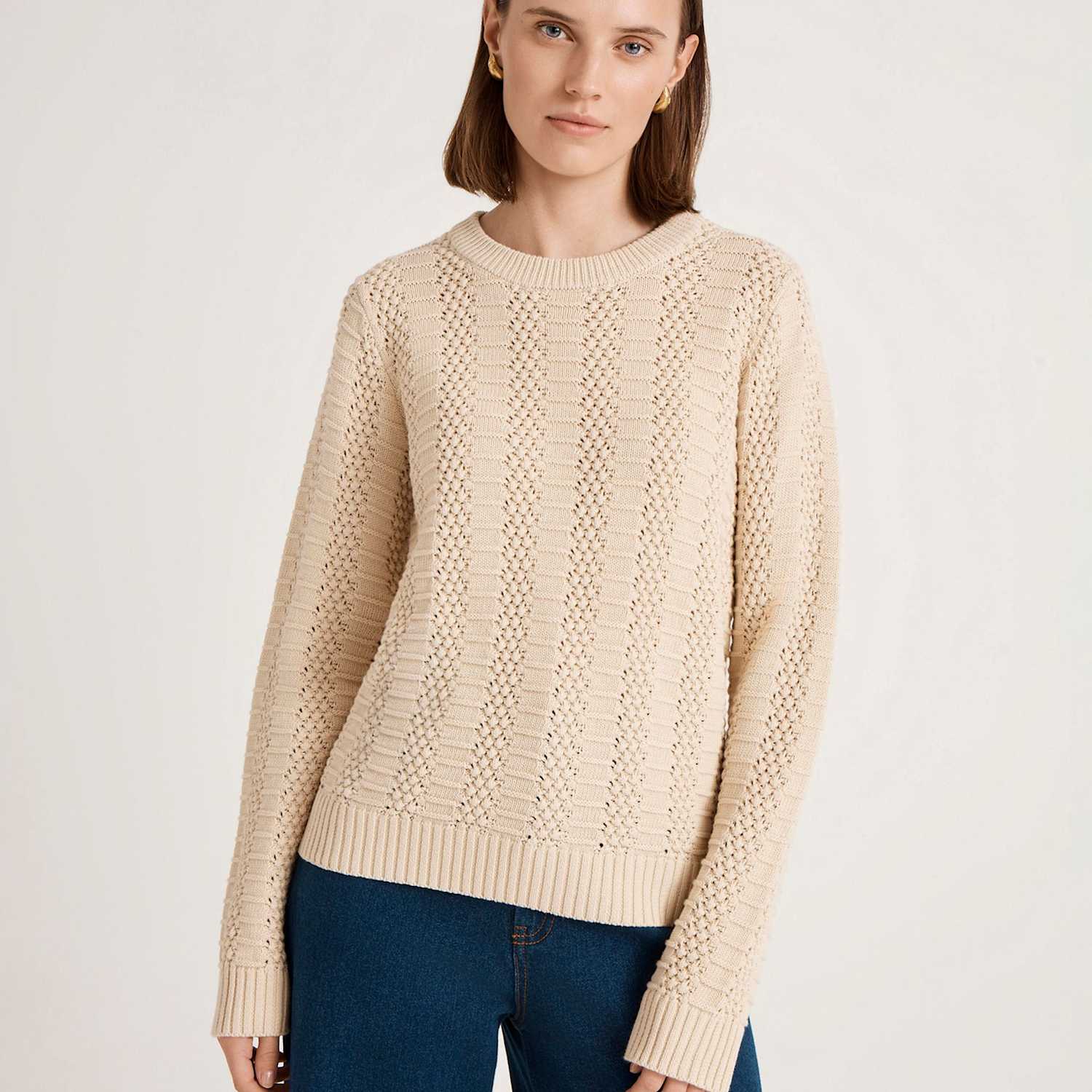 Finery London Women's Pure Cotton Textured Crew Neck Jumper - 24 - Beige - Available at M&S