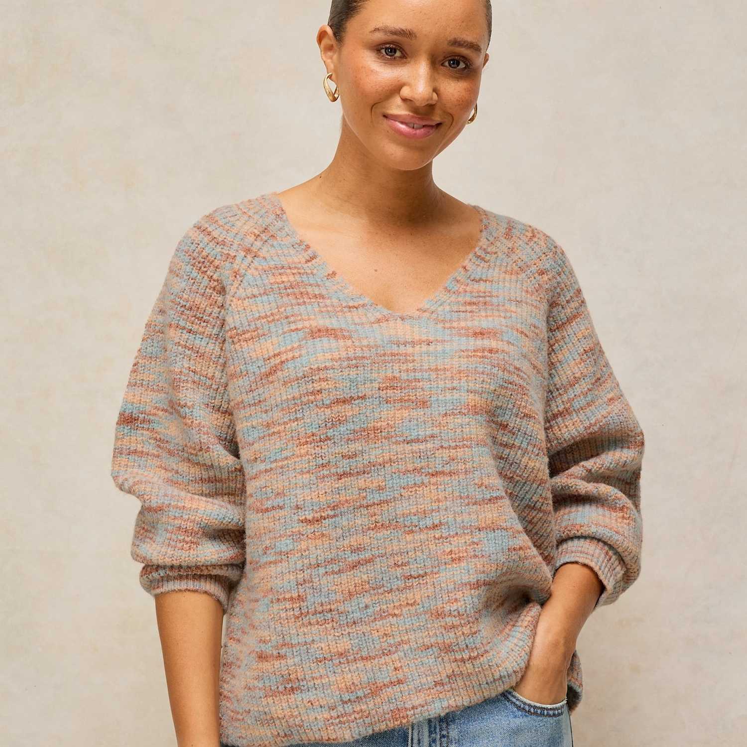 White Stuff Women's Spacedye V-Neck Jumper with Wool - 16 - Natural Mix - Available at M&S
