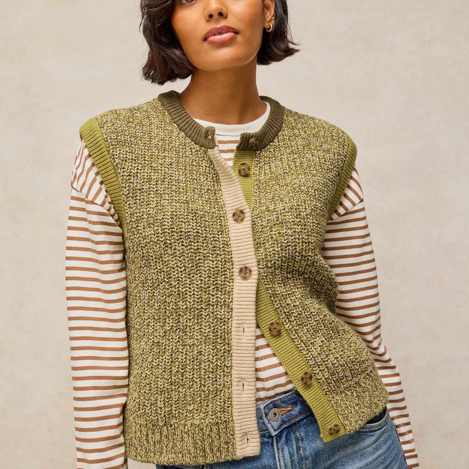 White Stuff Women's Cotton Rich Knitted Vest with Wool - Small - Green Mix - Available at M&S