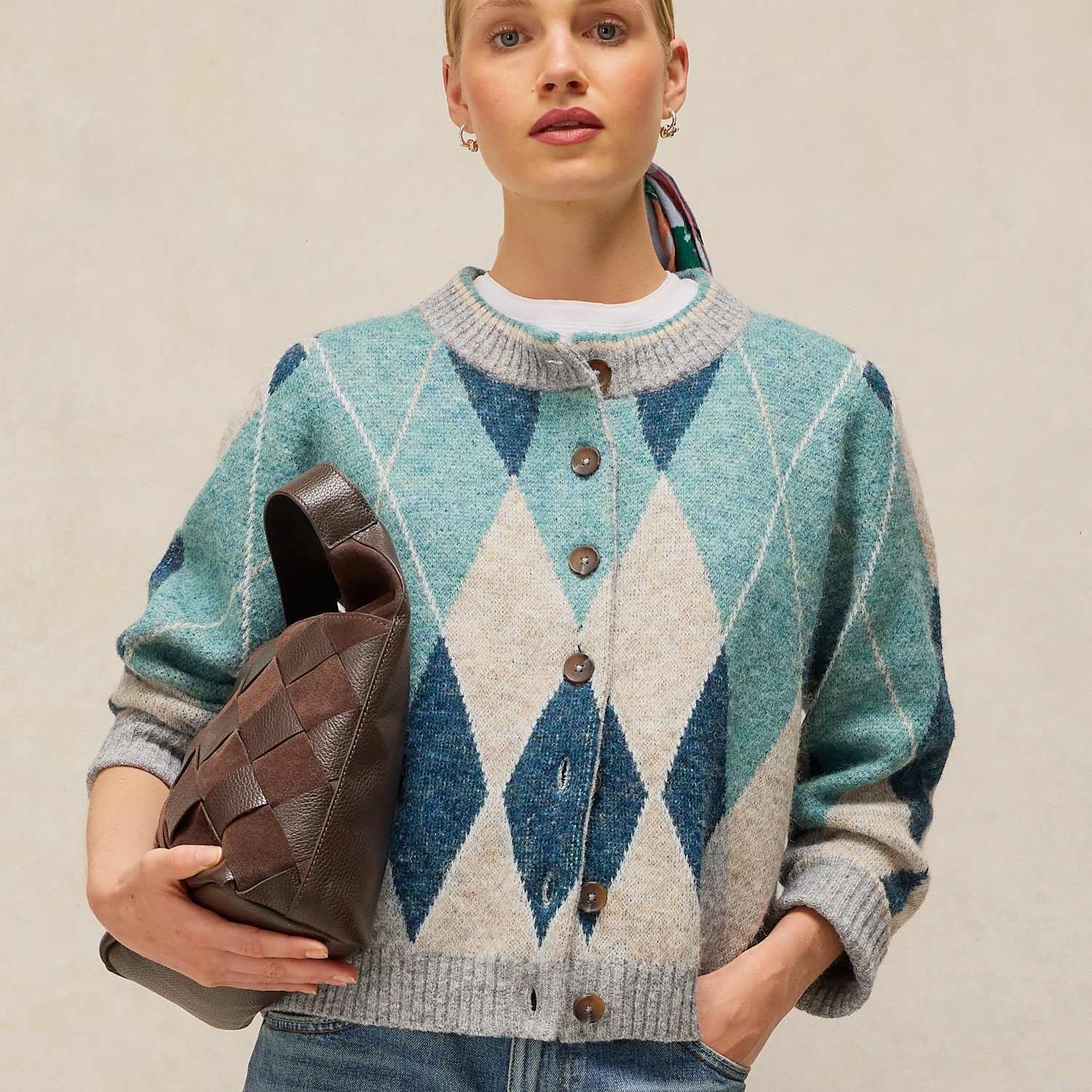 White Stuff Women's Argyle Checked Cardigan with Wool - 22 - Blue Mix - Available at M&S