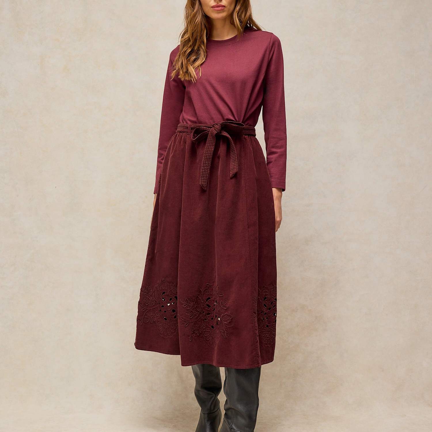 White Stuff Women's Corduroy Embroidered Midi A-Line Skirt - 14 - Dark Red - Available at M&S