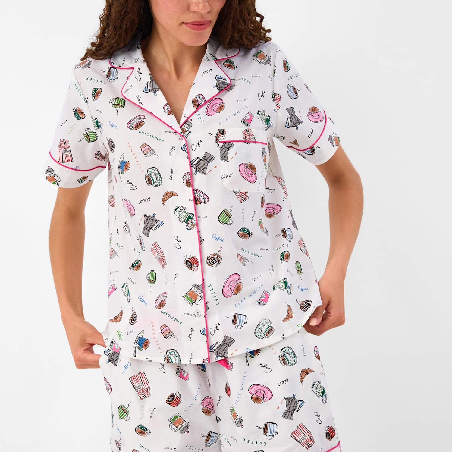 Accessorize Women's Pure Cotton Coffee Print Pyjama Set - Extra Small - White Mix - Available at M&S