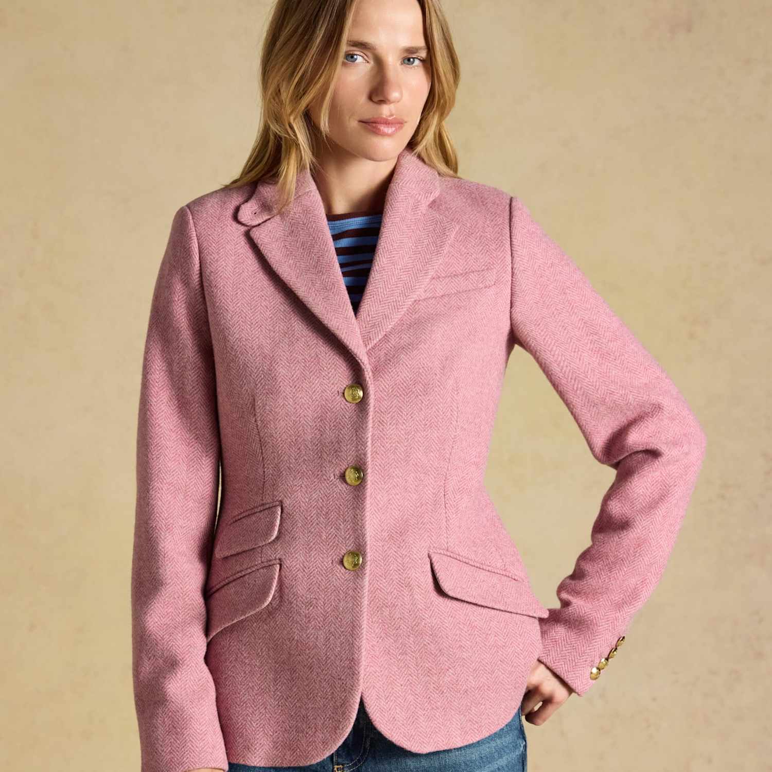 Joules Women's Wool Blend Tweed Herringbone Blazer - 8 - Pink Mix - Available at M&S
