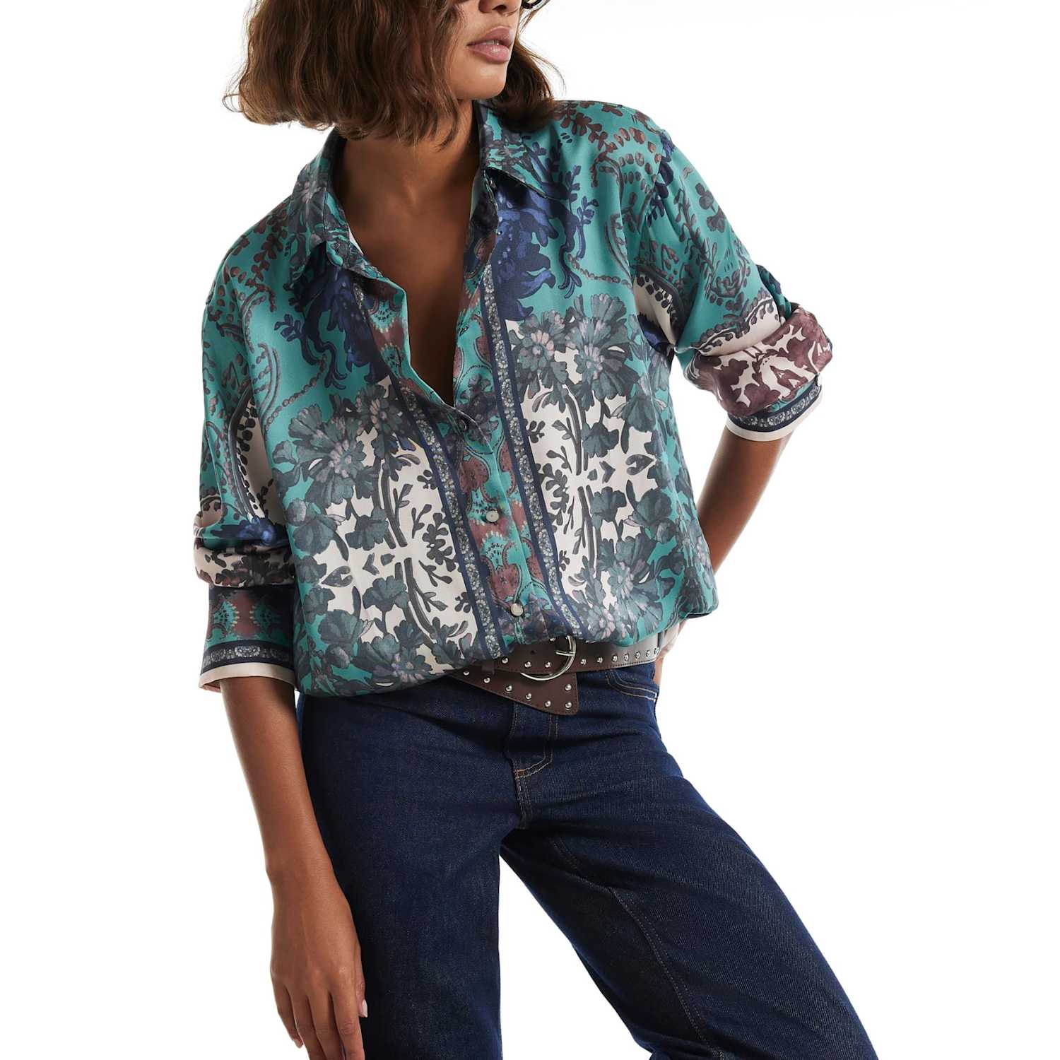 River Island Women's Printed Collared Oversized Shirt - 12 - Blue Mix - Available at M&S
