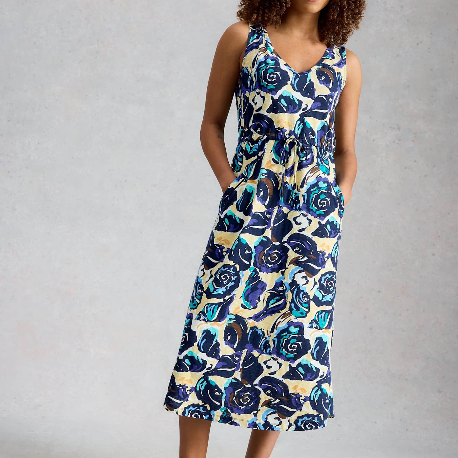 White Stuff Women's Pure Cotton Jersey Printed Midi Waisted Dress - Small - Navy Mix - Available at M&S