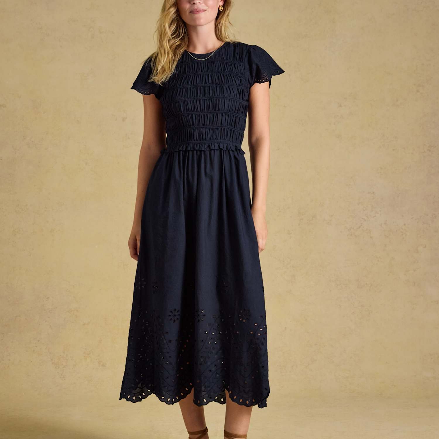 Joules Women's Pure Cotton Broderie Shirred Midi Dress - 10 - Navy - Available at M&S