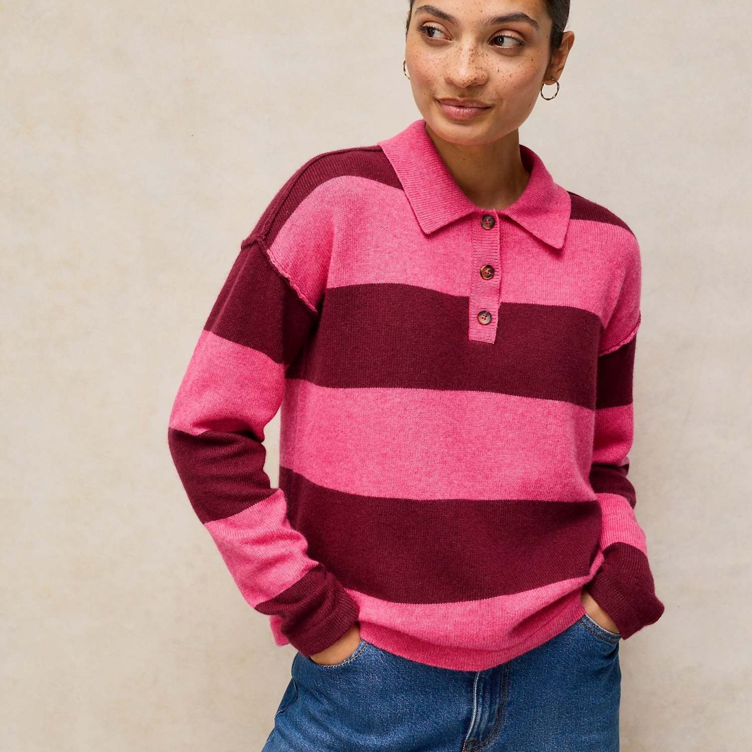 White Stuff Women's Wool Rich Striped Collared Jumper - 16 - Pink Mix - Available at M&S