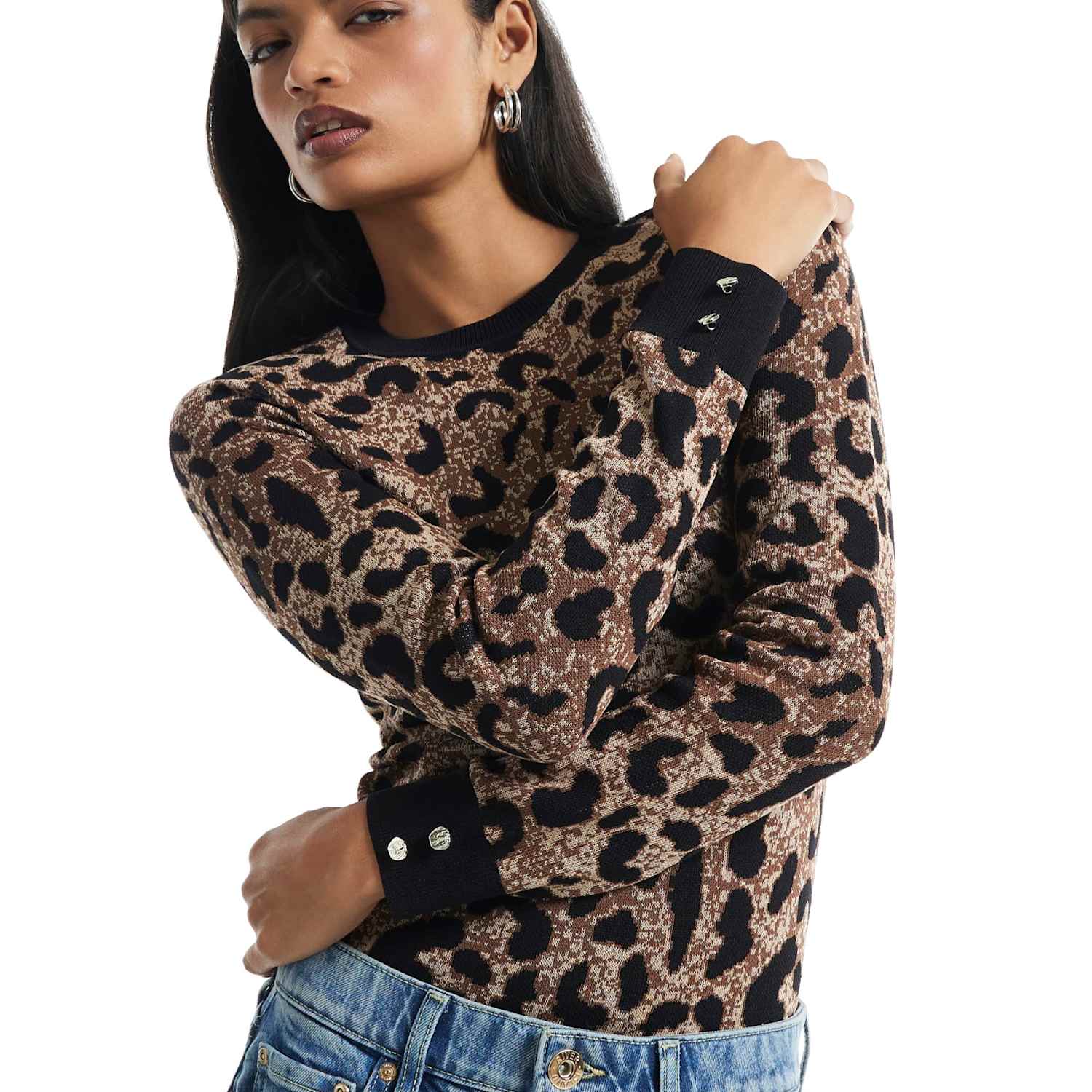 River Island Women's Animal Print Ribbed Layered Trim Top - Extra Small - Beige Mix - Available at M&S