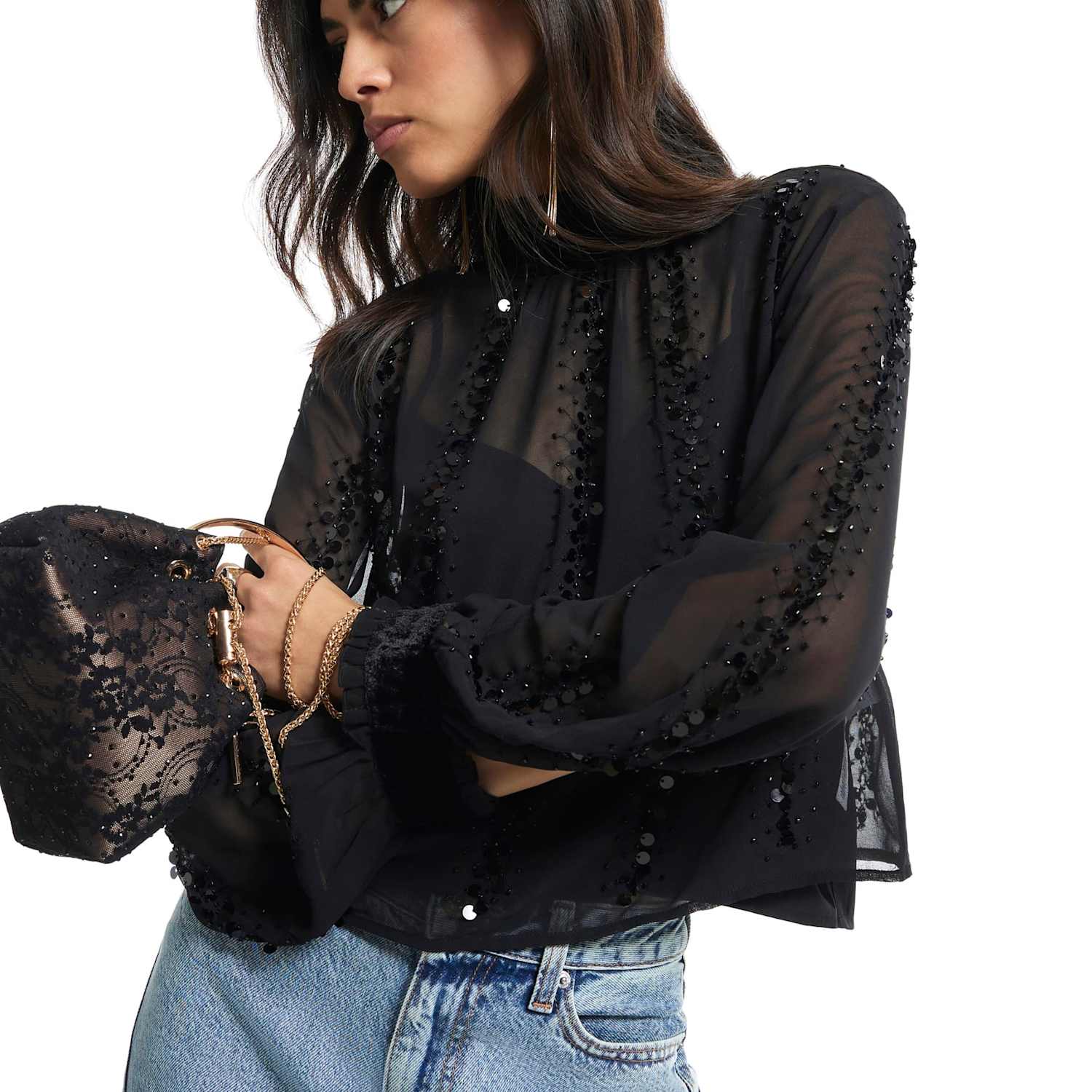 River Island Women's Sequin Roll Neck Tie Back Top - Small - Black Mix - Available at M&S