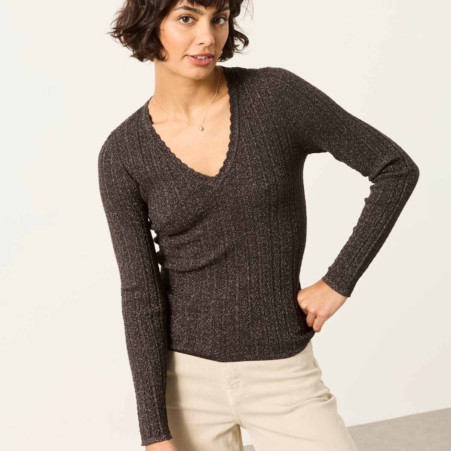 Fatface Women's Merino Wool Rich Sparkly V Neck Jumper - 20 - Bronze - Available at M&S