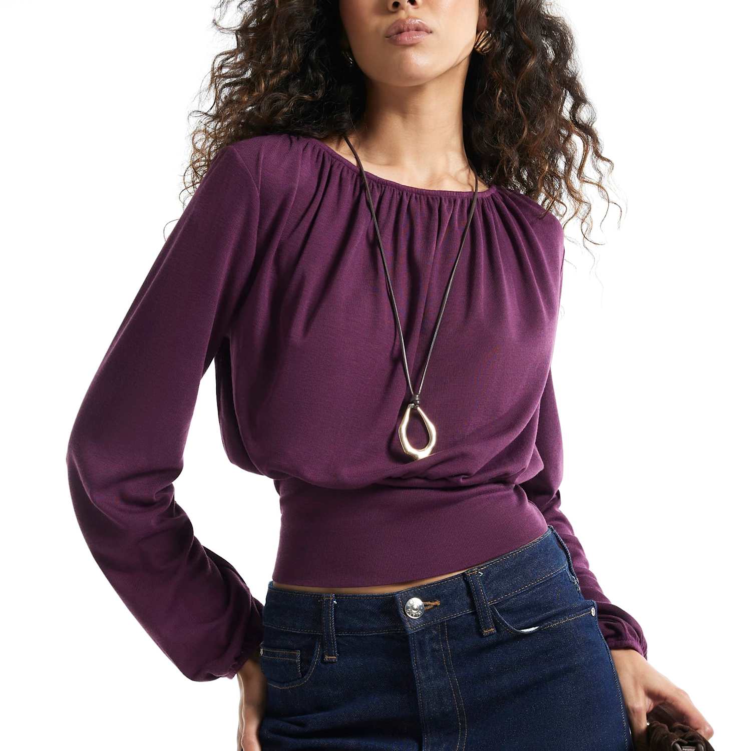 River Island Women's Ruched Neck Banded Top - Large - Burgundy - Available at M&S