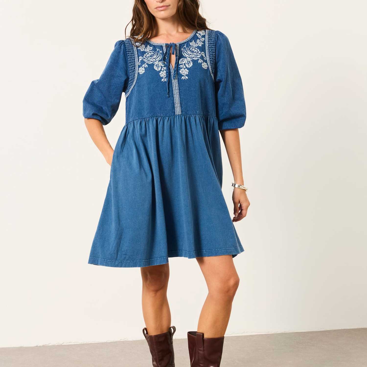 Fatface Women's Pure Cotton Embroidered Mini Waisted Dress - 10 - Blue Mix - Available at M&S
