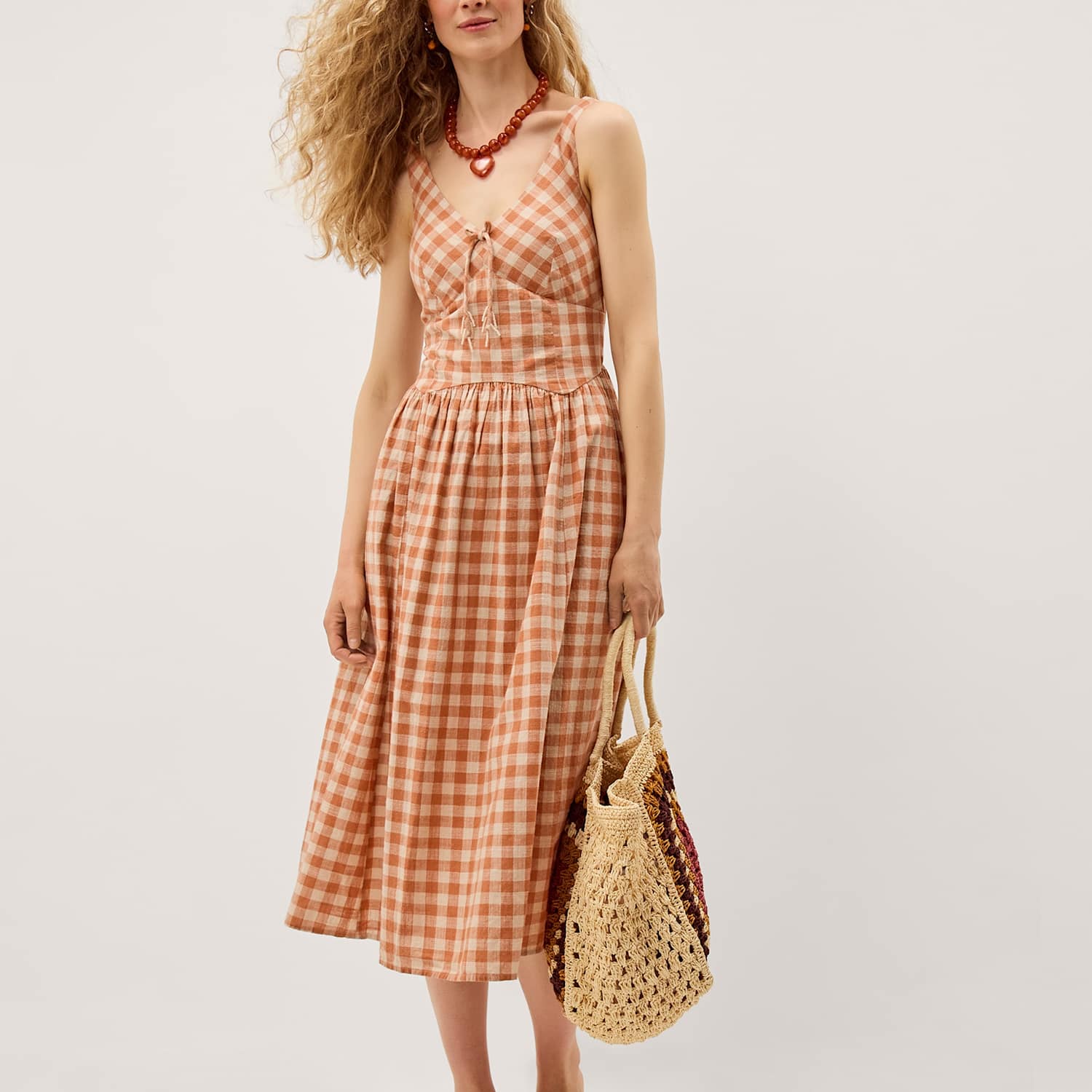 Monsoon Women's Pure Cotton Gingham V-Neck Midi Dress - 14 - Coral - Available at M&S
