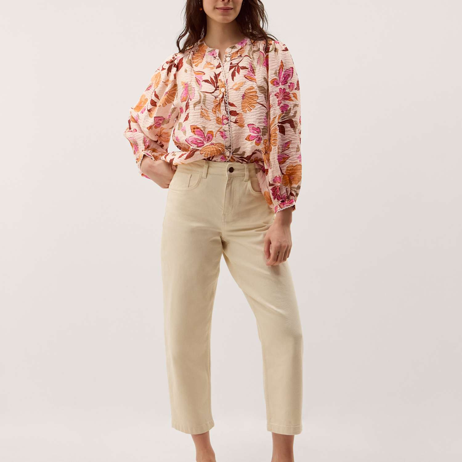 Monsoon Women's Floral Collarless Blouson Sleeve Blouse - Small - Ivory Mix - Available at M&S