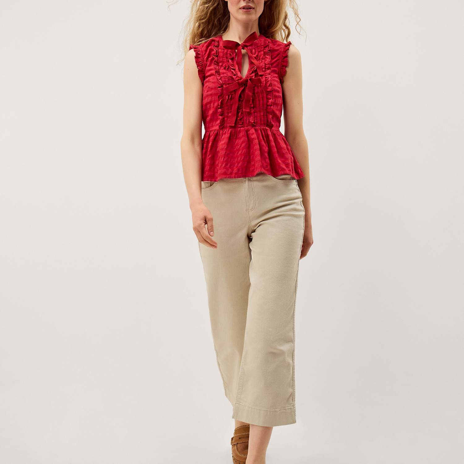Monsoon Women's Pure Cotton Gingham Tie Neck Frill Detail Top - Large - Red - Available at M&S