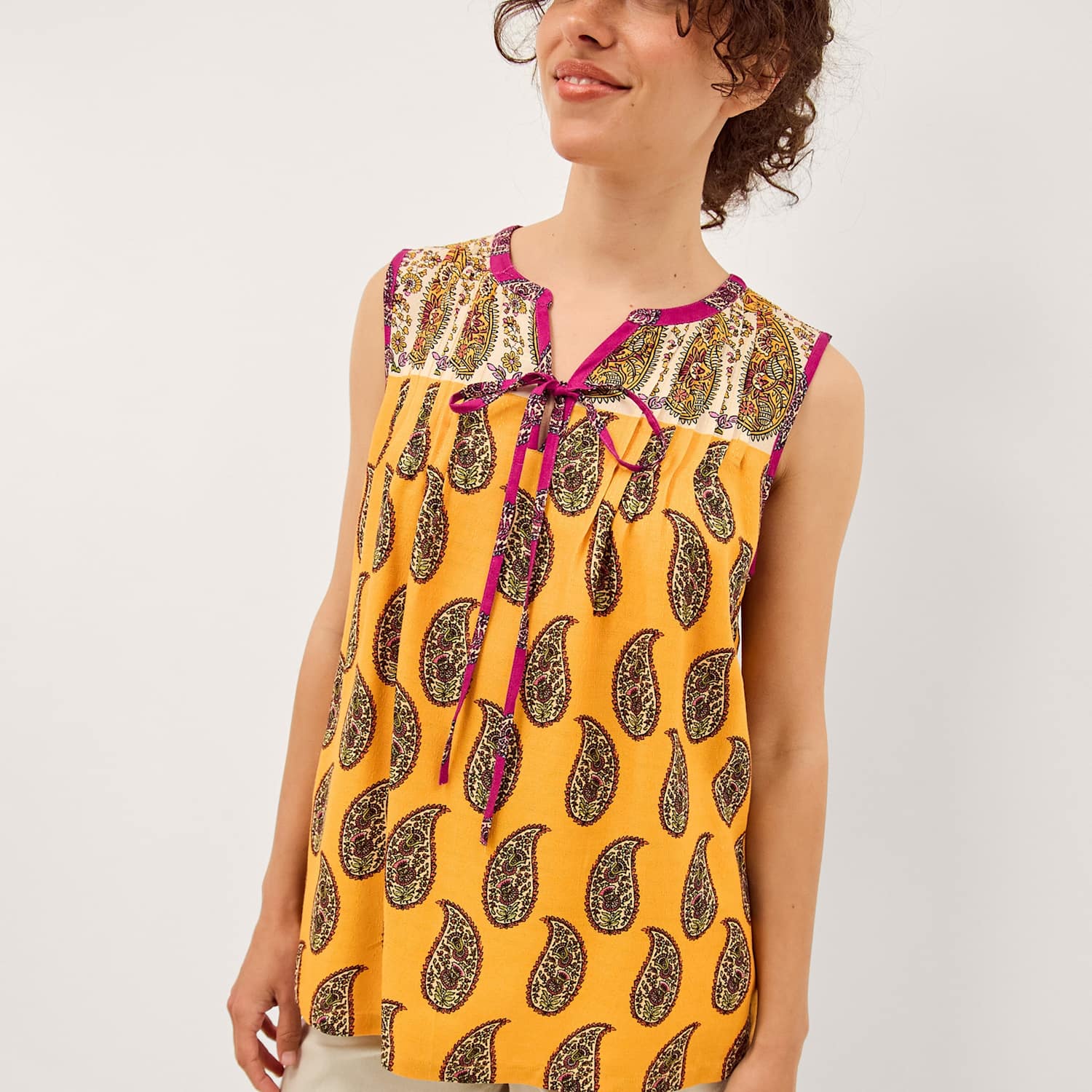 Monsoon Women's Paisley Notch Neck Tie Detail Top - Extra Large - Yellow Mix - Available at M&S