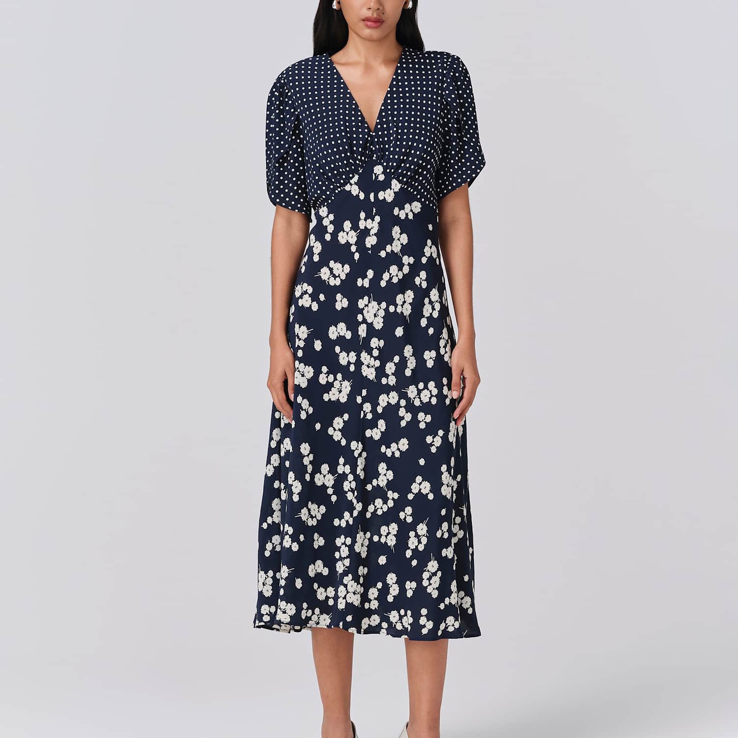 Ghost Women's Printed V-Neck Midi Tea Dress - 12 - Navy Mix - Available at M&S