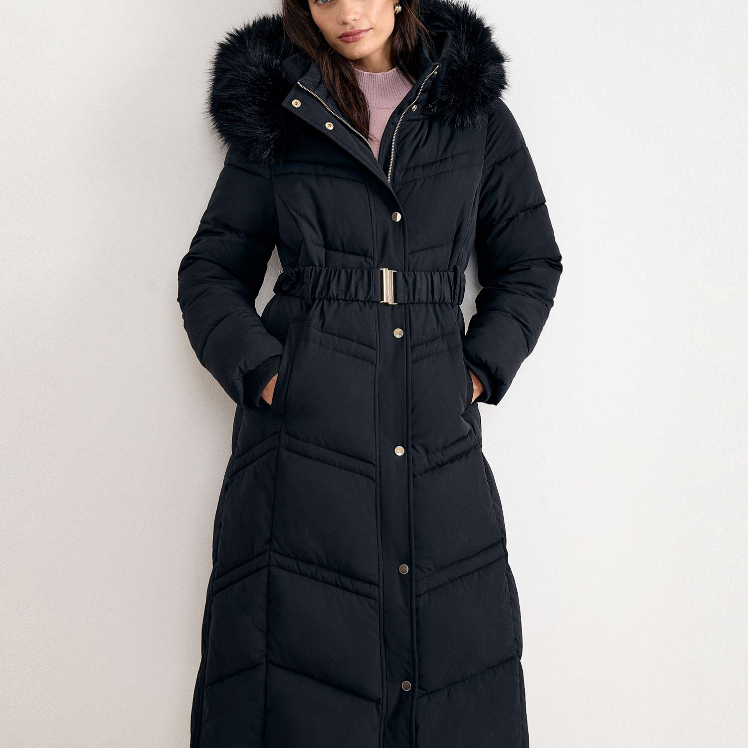 Phase Eight Women's Hooded Belted Longline Puffer Coat - 14 - Black - Available at M&S