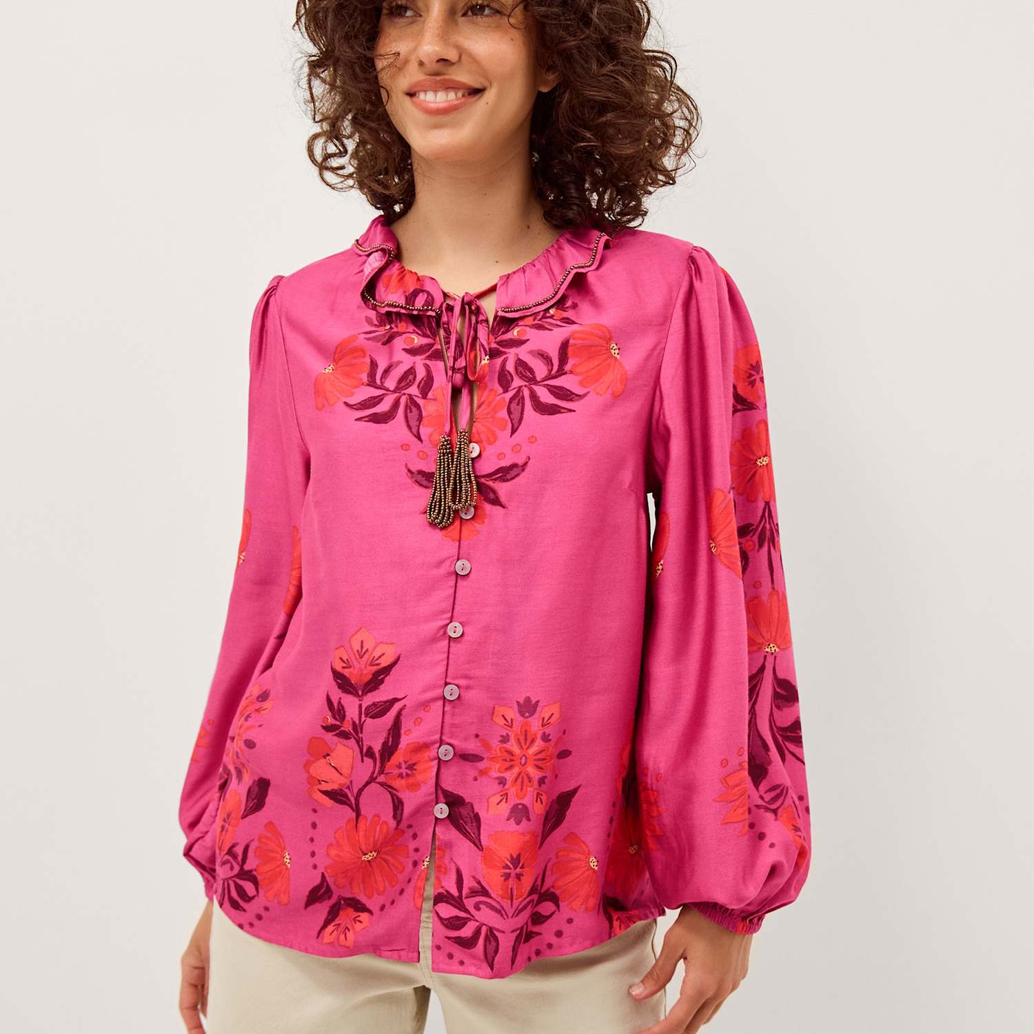 Monsoon Women's Floral Tie Neck Blouson Sleeve Blouse - Medium - Pink Mix - Available at M&S