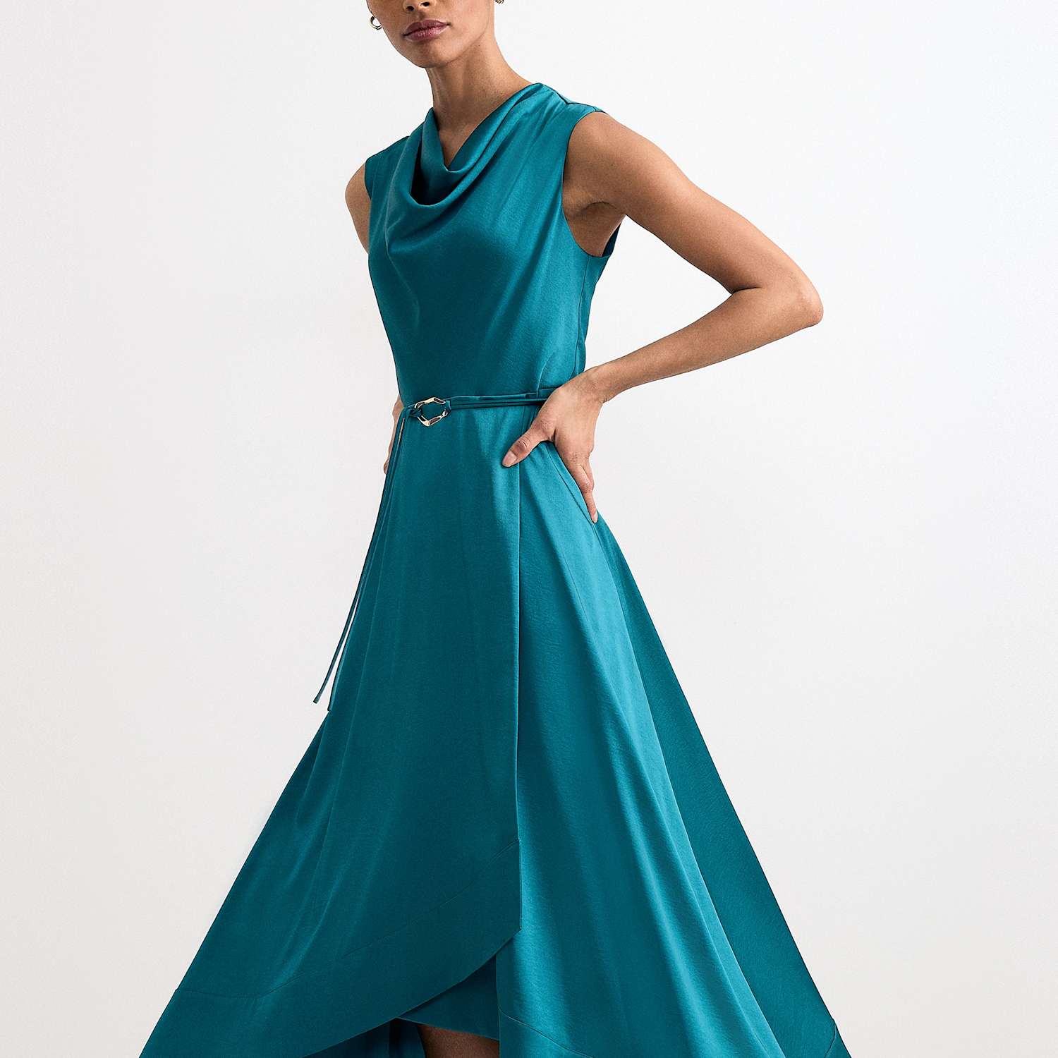 Phase Eight Women's Cowl Neck Belted Midi Waisted Dress - 10 - Teal - Available at M&S
